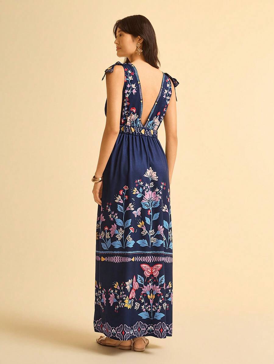 Vestido Largo Azul Tropical, Espalda Abierta, Lazo & Escote V