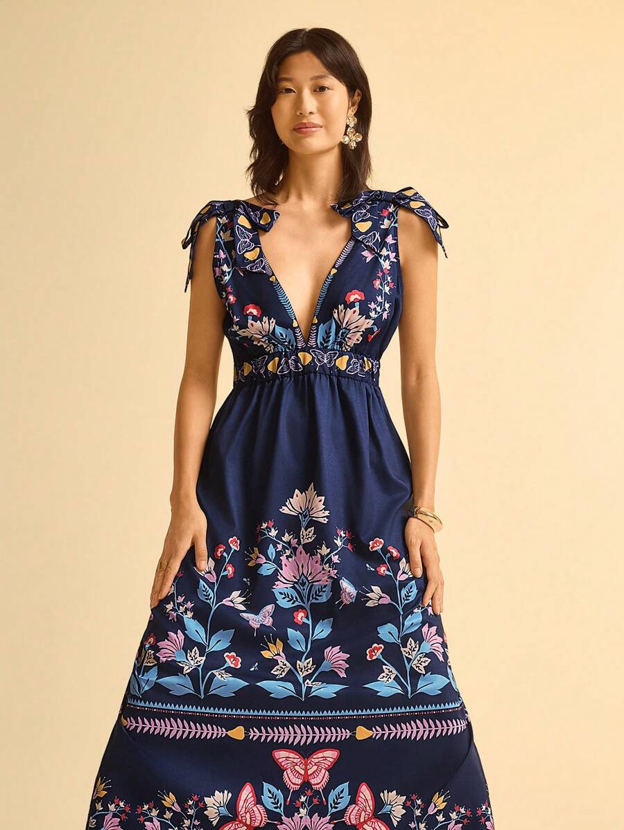 Vestido Largo Azul Tropical, Espalda Abierta, Lazo & Escote V
