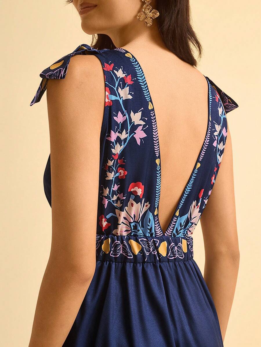 Vestido Largo Azul Tropical, Espalda Abierta, Lazo & Escote V