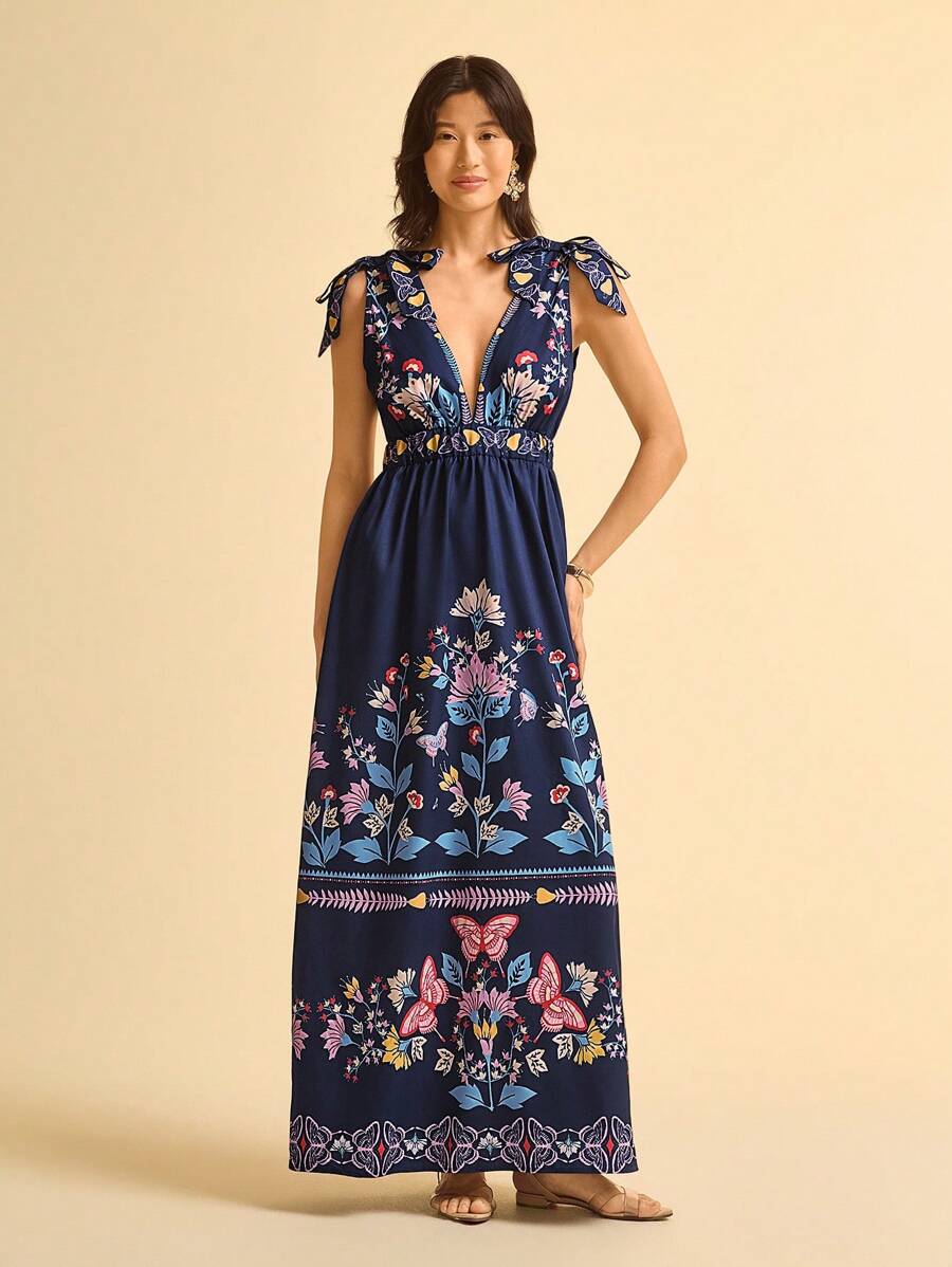 Vestido Largo Azul Tropical, Espalda Abierta, Lazo & Escote V