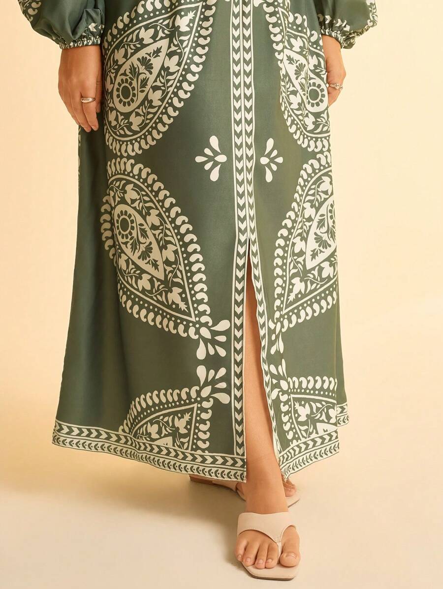 Vestido Largo Verde Beige con Fenda y Mangas Globo