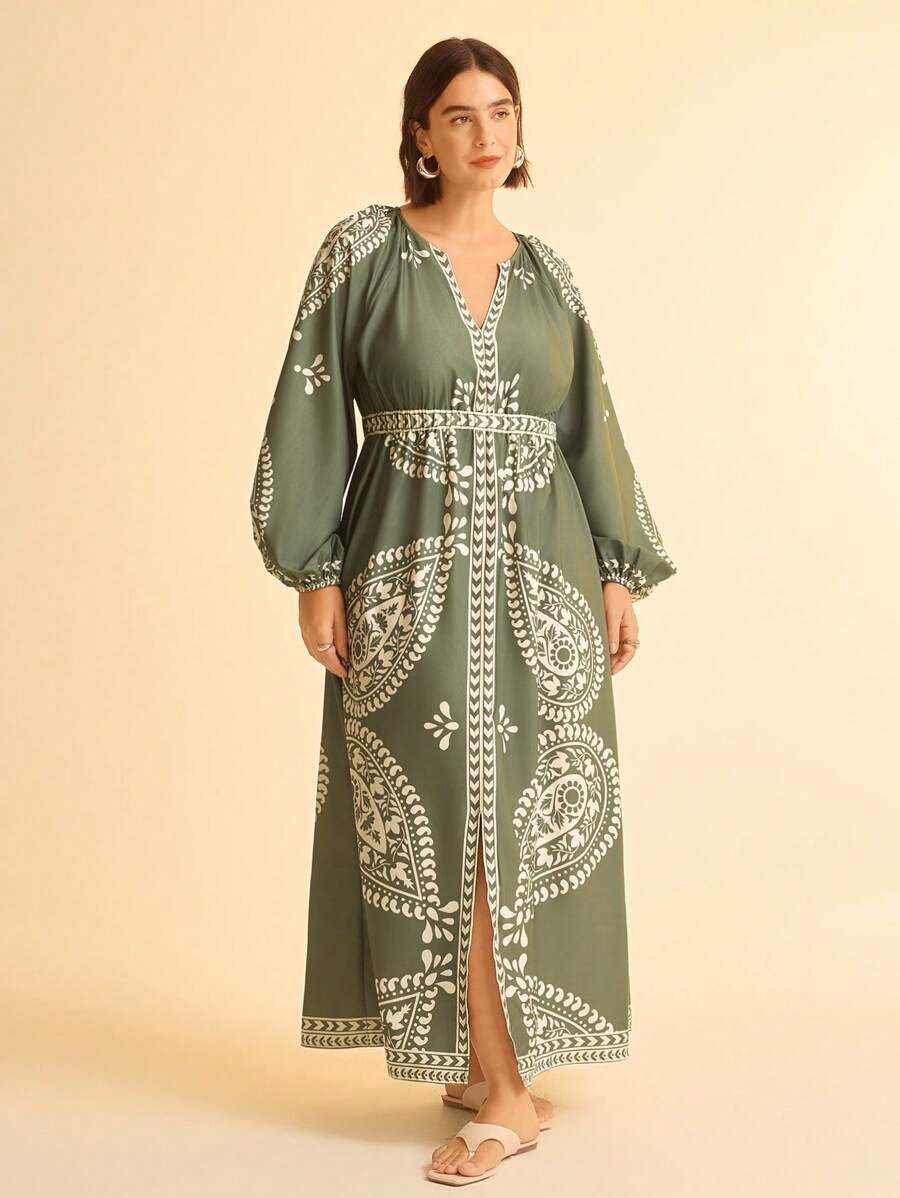 Vestido Largo Verde Beige con Fenda y Mangas Globo