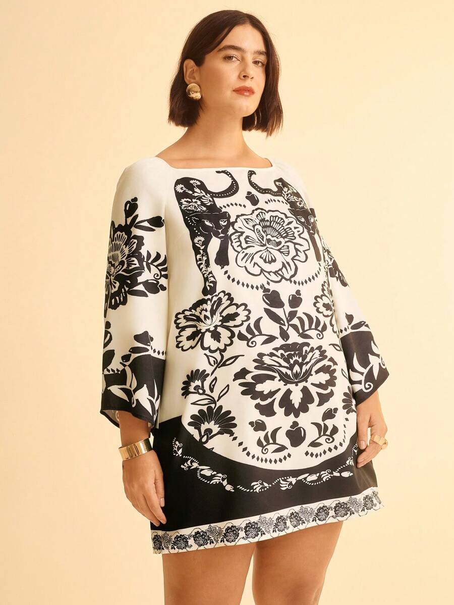 Vestido Corto Plus Size, Mangas Sueltas, Peonía & Leopardo
