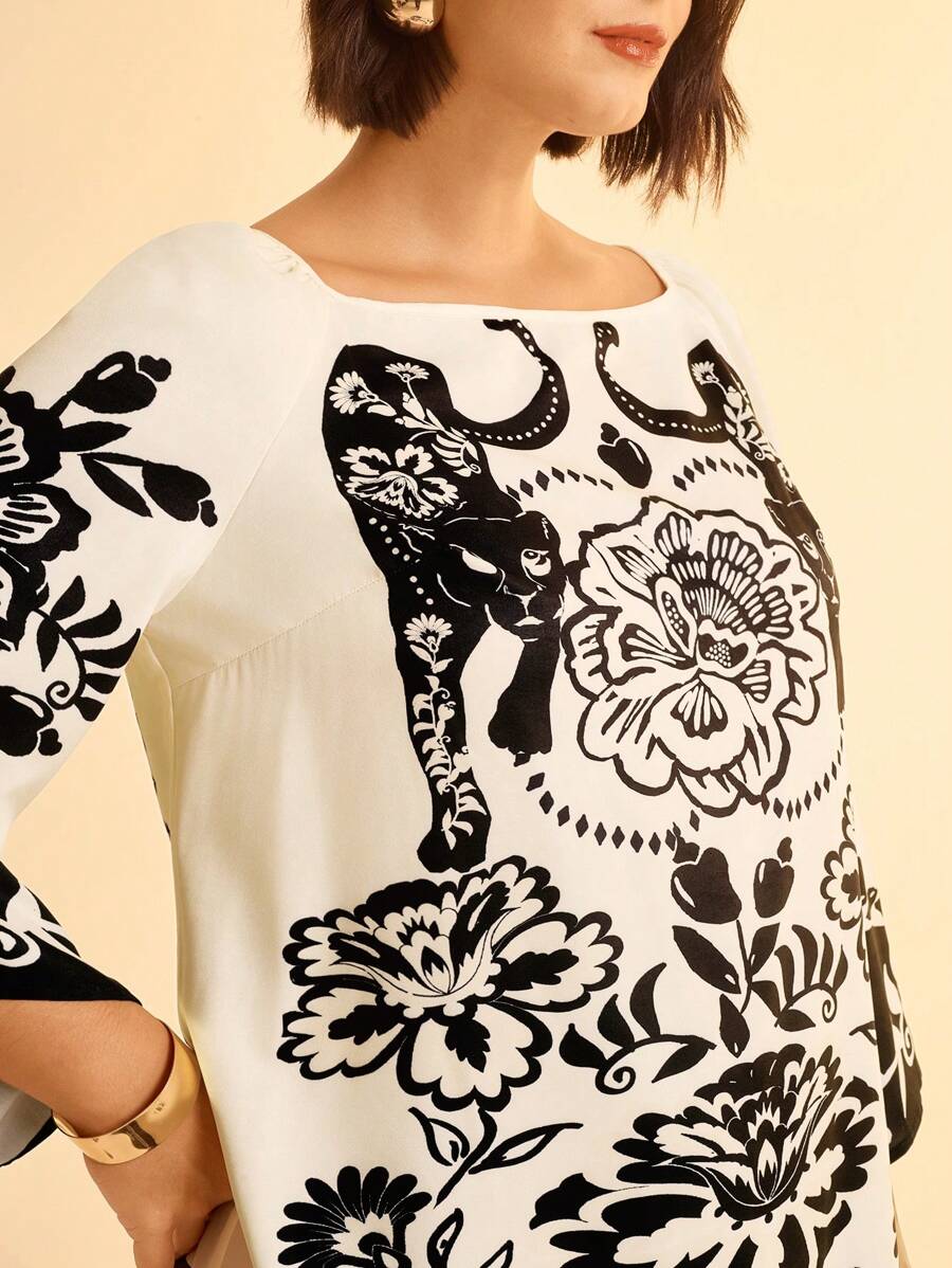 Vestido Corto Plus Size, Mangas Sueltas, Peonía & Leopardo