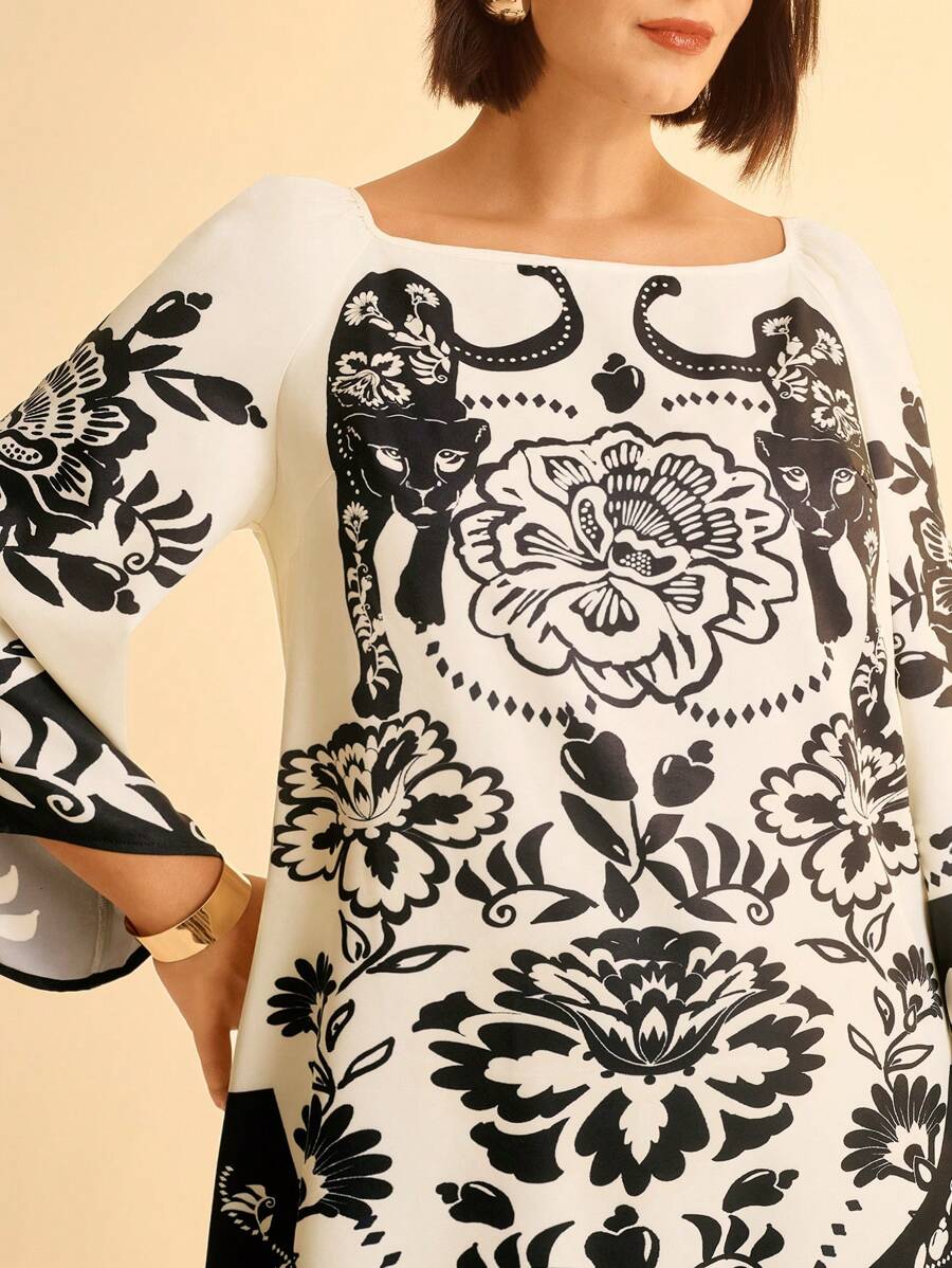 Vestido Corto Plus Size, Mangas Sueltas, Peonía & Leopardo