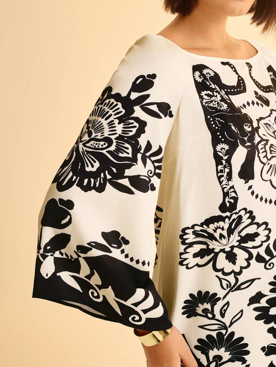 Vestido Corto Plus Size, Mangas Sueltas, Peonía & Leopardo