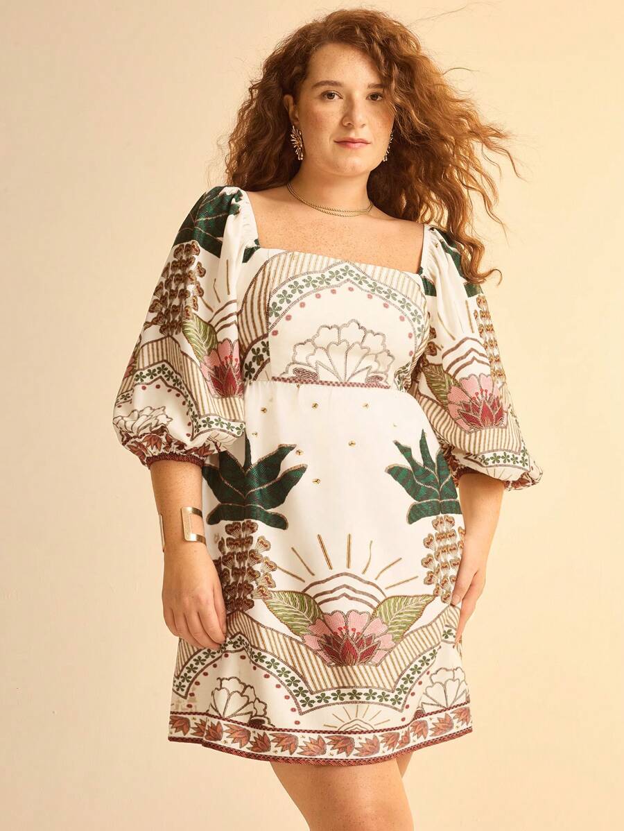 Vestido Mini Plus Size Boho Tropical con Mangas Globo