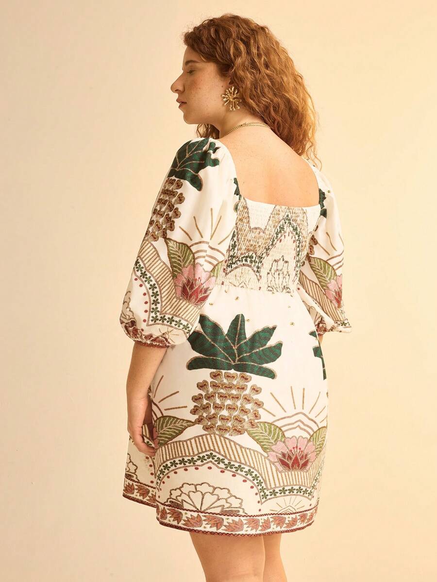 Vestido Mini Plus Size Boho Tropical con Mangas Globo