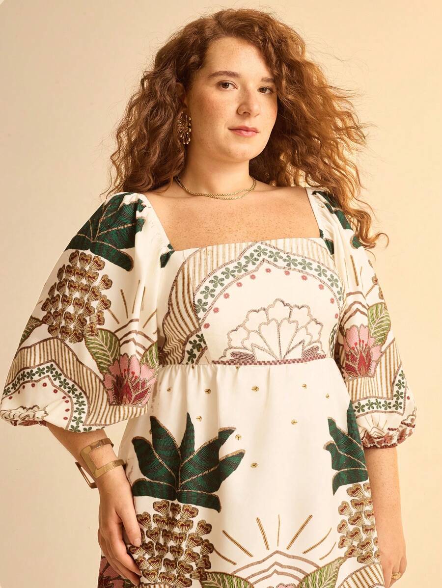 Vestido Mini Plus Size Boho Tropical con Mangas Globo