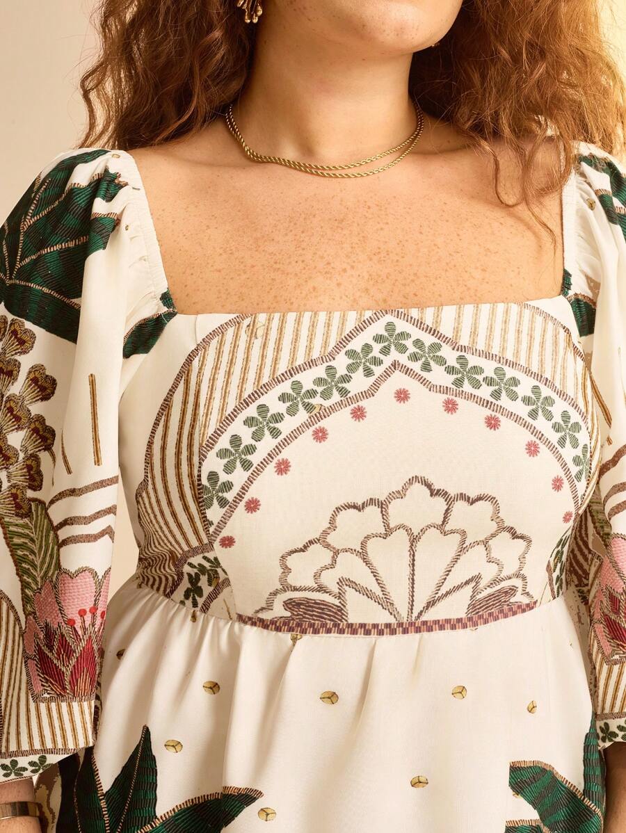 Vestido Mini Plus Size Boho Tropical con Mangas Globo