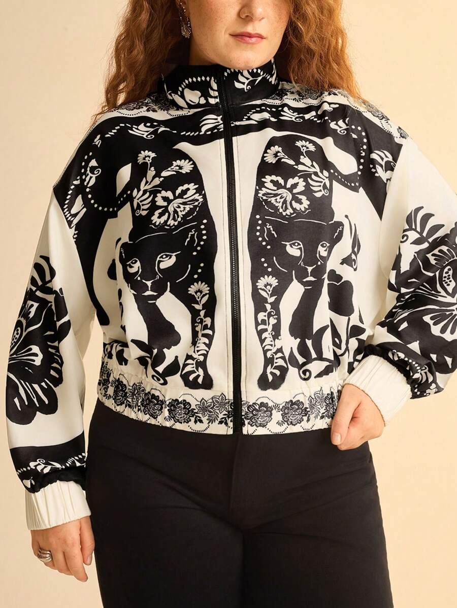 Campera Liviana Floral Leopardo Plus Size, Cuello Alto