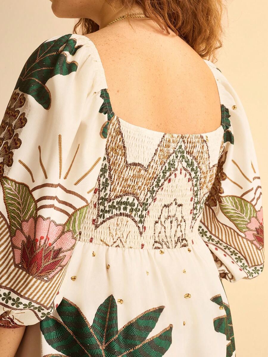 Vestido Mini Plus Size Boho Tropical con Mangas Globo