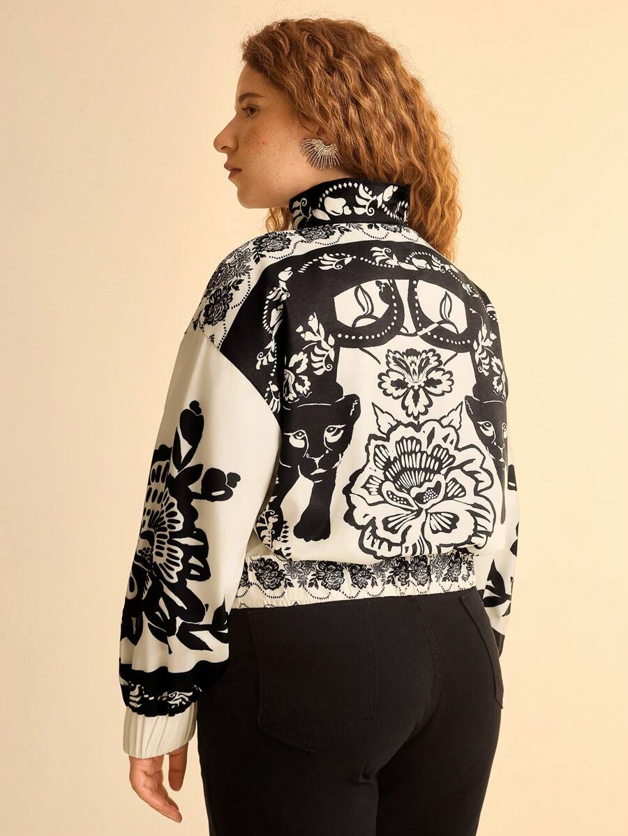 Campera Liviana Floral Leopardo Plus Size, Cuello Alto