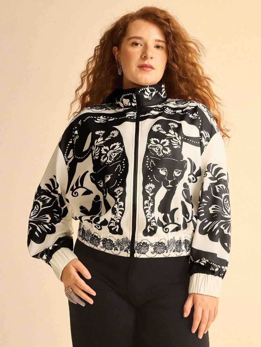 Campera Liviana Floral Leopardo Plus Size, Cuello Alto