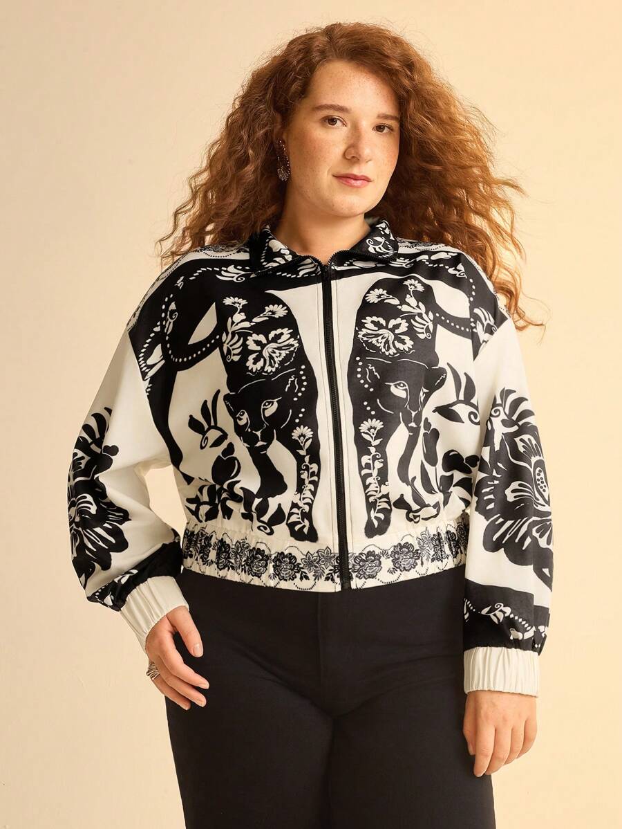 Campera Liviana Floral Leopardo Plus Size, Cuello Alto