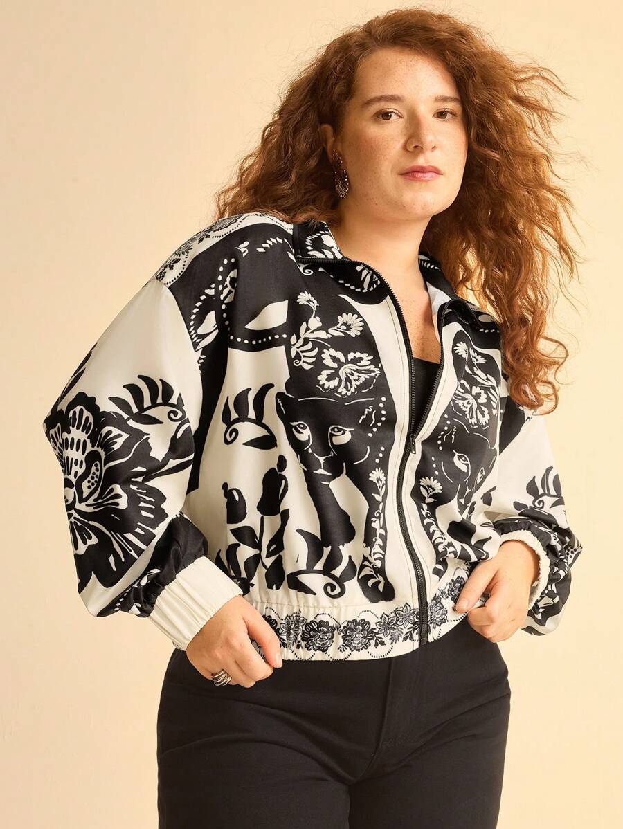 Campera Liviana Floral Leopardo Plus Size, Cuello Alto