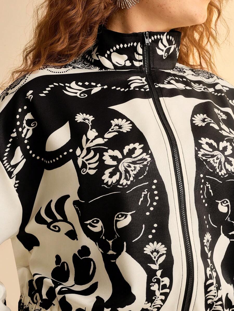 Campera Liviana Floral Leopardo Plus Size, Cuello Alto