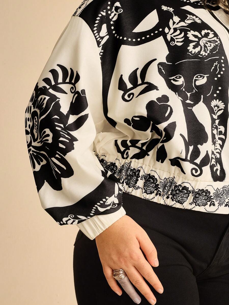 Campera Liviana Floral Leopardo Plus Size, Cuello Alto