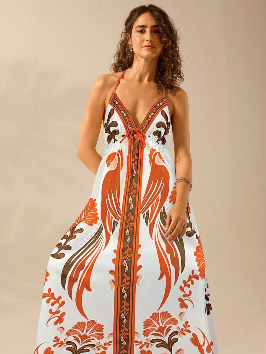 Vestido Largo Halter Azul Tropical con Loro y Lazo