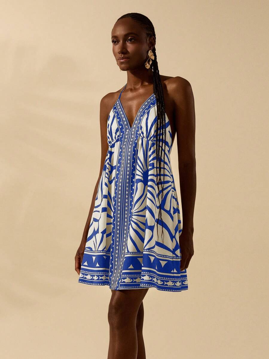 Vestido Corto Negro & Beige Boho Espalda Abierta