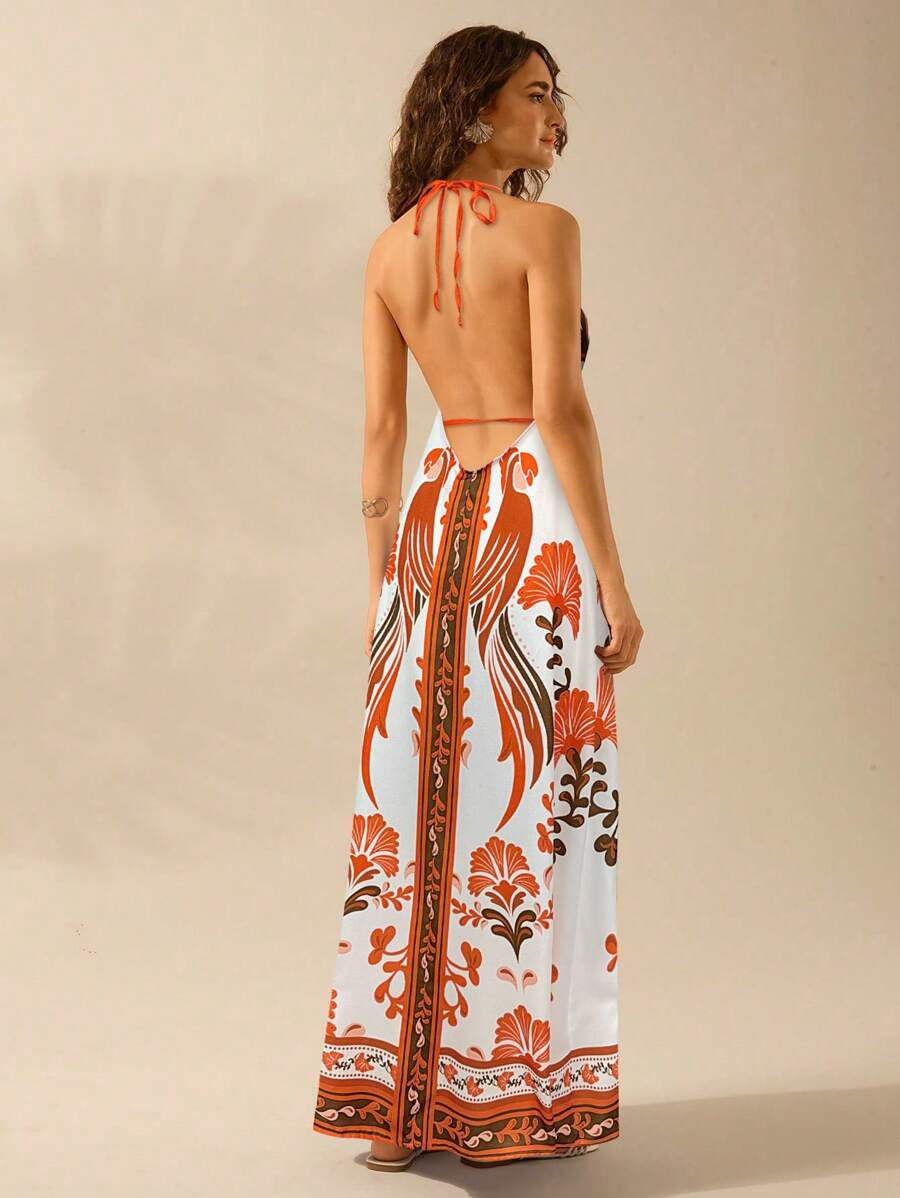 Vestido Largo Halter Azul Tropical con Loro y Lazo