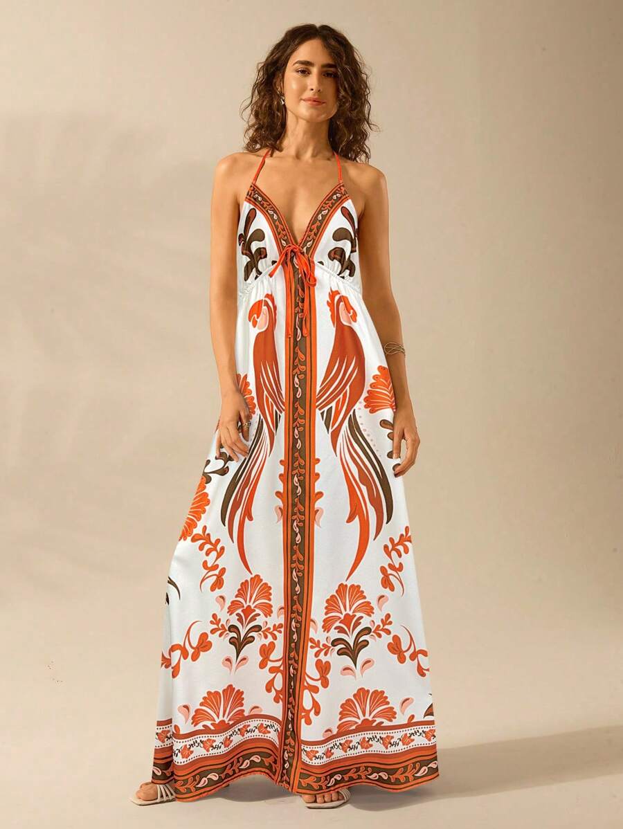 Vestido Largo Halter Azul Tropical con Loro y Lazo