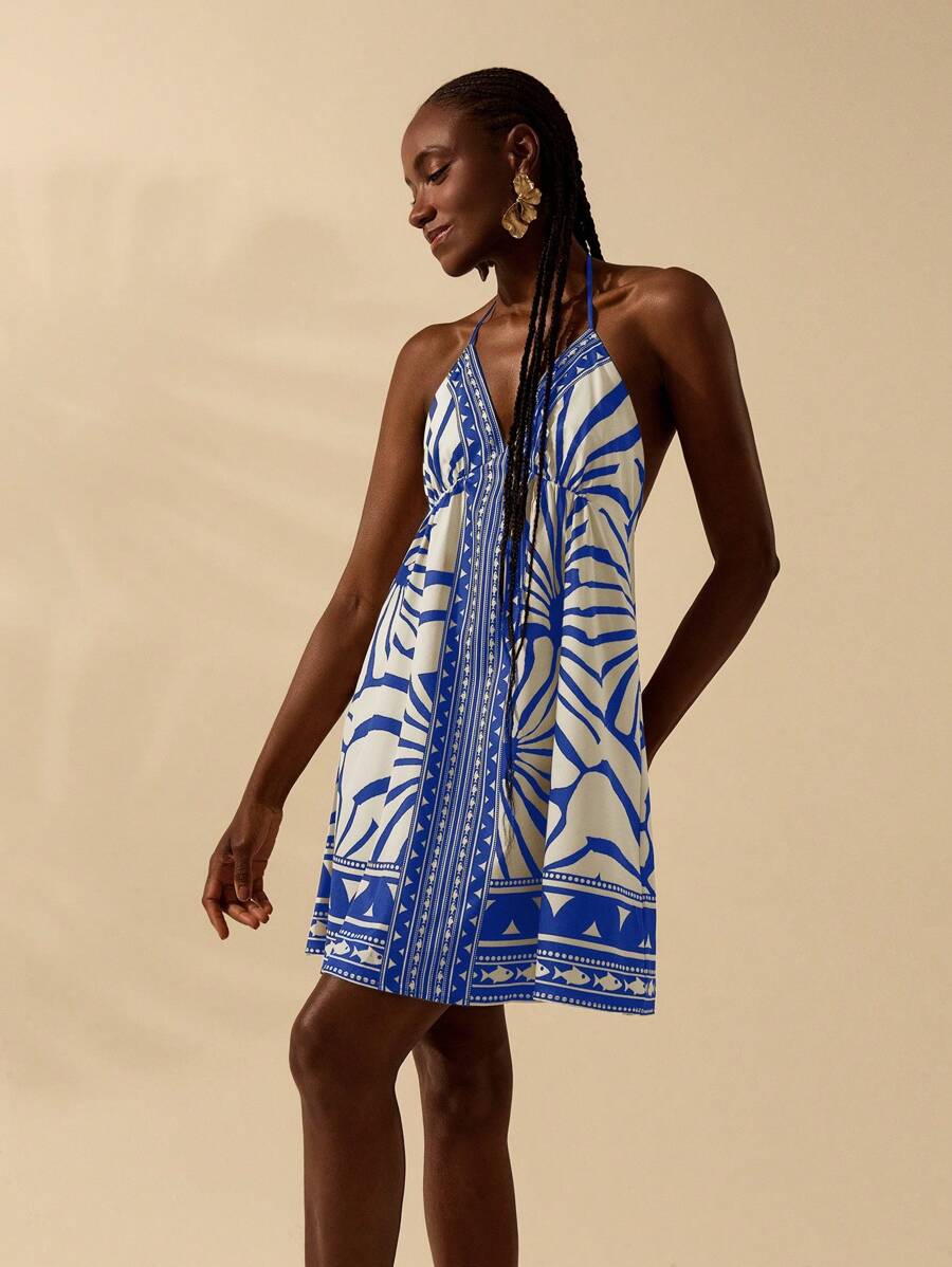 Vestido Corto Negro & Beige Boho Espalda Abierta