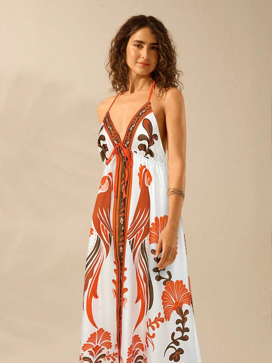 Vestido Largo Halter Azul Tropical con Loro y Lazo