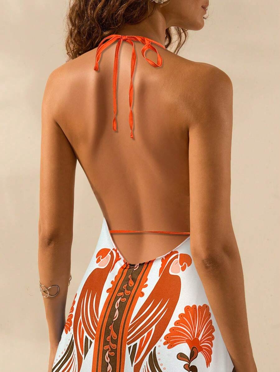 Vestido Largo Halter Azul Tropical con Loro y Lazo