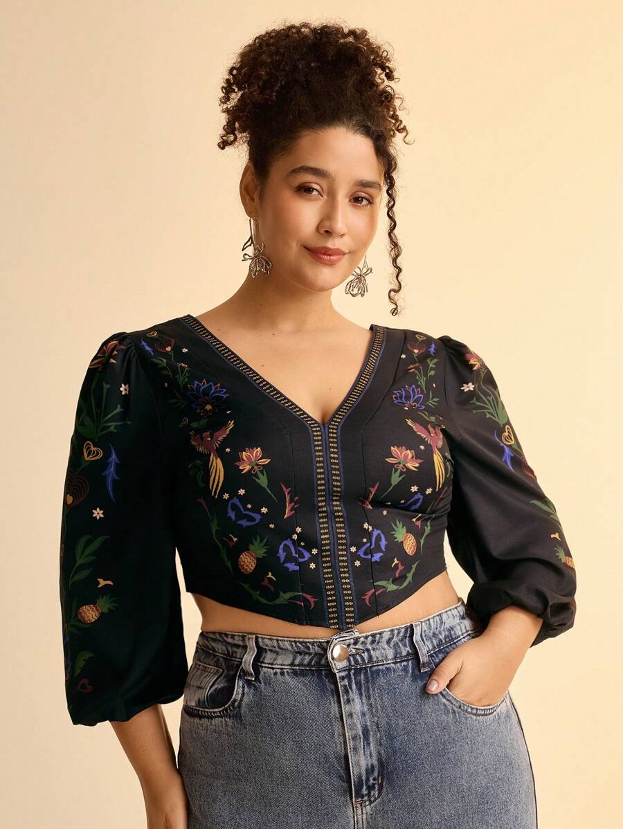 Blusa Boho Floral Plus Size, Espalda Cruzada