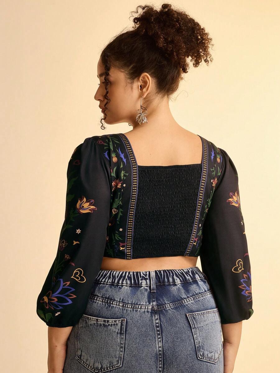 Blusa Boho Floral Plus Size, Espalda Cruzada