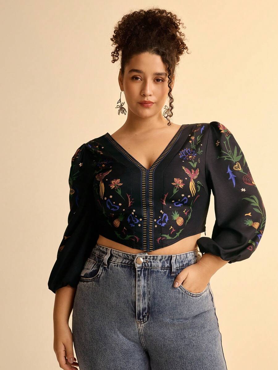 Blusa Boho Floral Plus Size, Espalda Cruzada