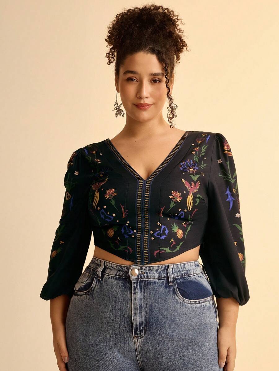 Blusa Boho Floral Plus Size, Espalda Cruzada