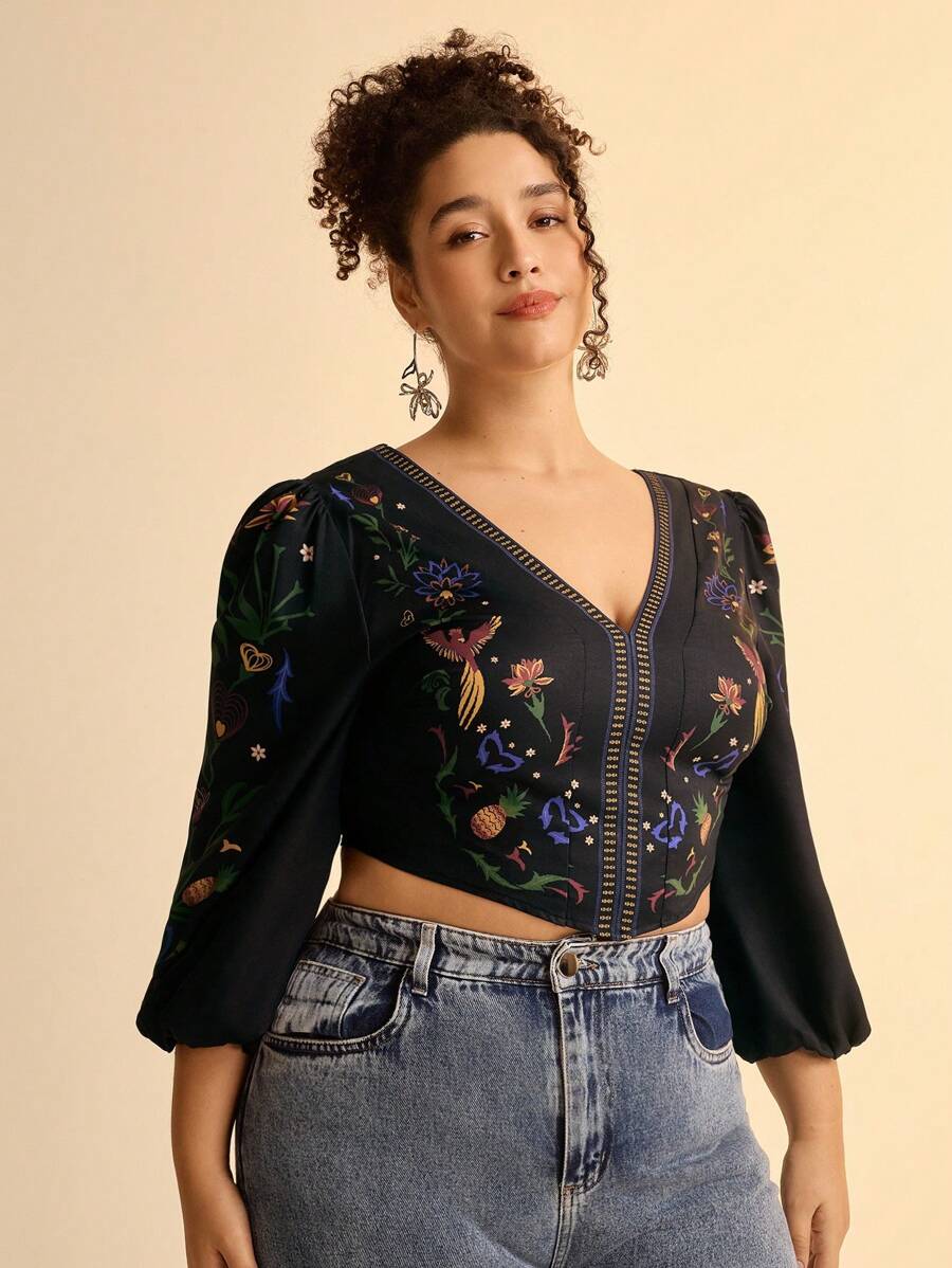 Blusa Boho Floral Plus Size, Espalda Cruzada
