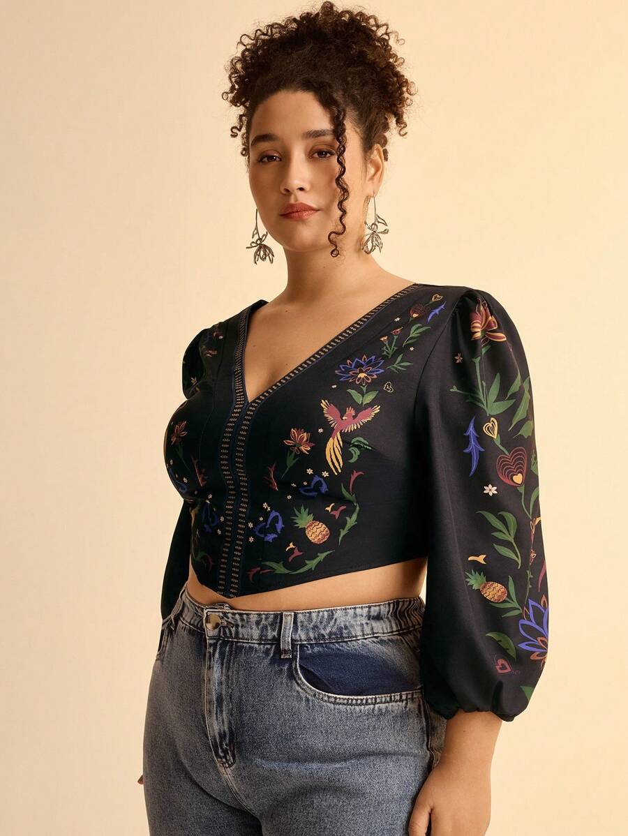 Blusa Boho Floral Plus Size, Espalda Cruzada