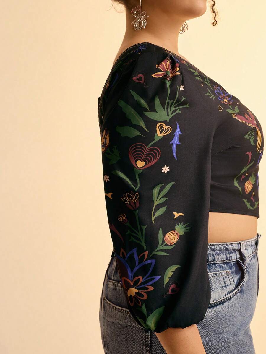 Blusa Boho Floral Plus Size, Espalda Cruzada