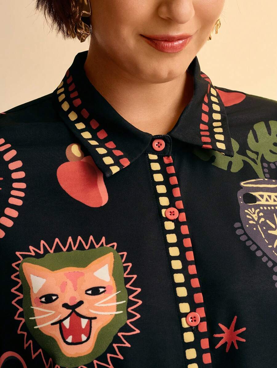 Camisa Boho Negra Plus Size con Estampas Tropicales