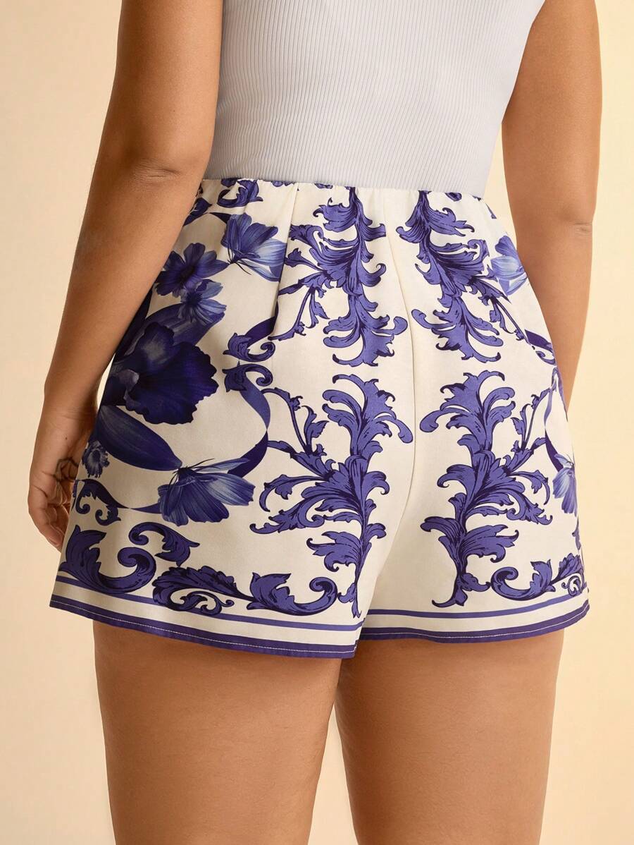 Short Tropical Azul y Blanco Plus Size