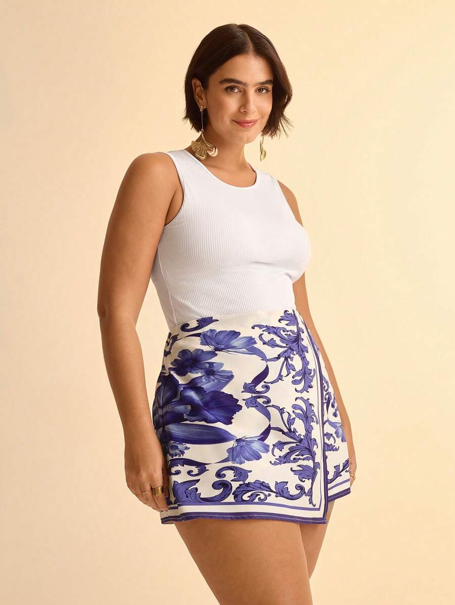 Short Tropical Azul y Blanco Plus Size