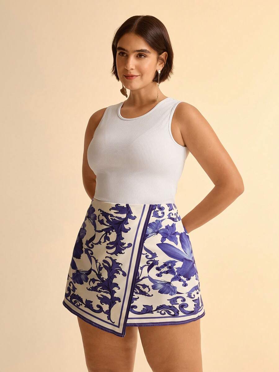 Short Tropical Azul y Blanco Plus Size
