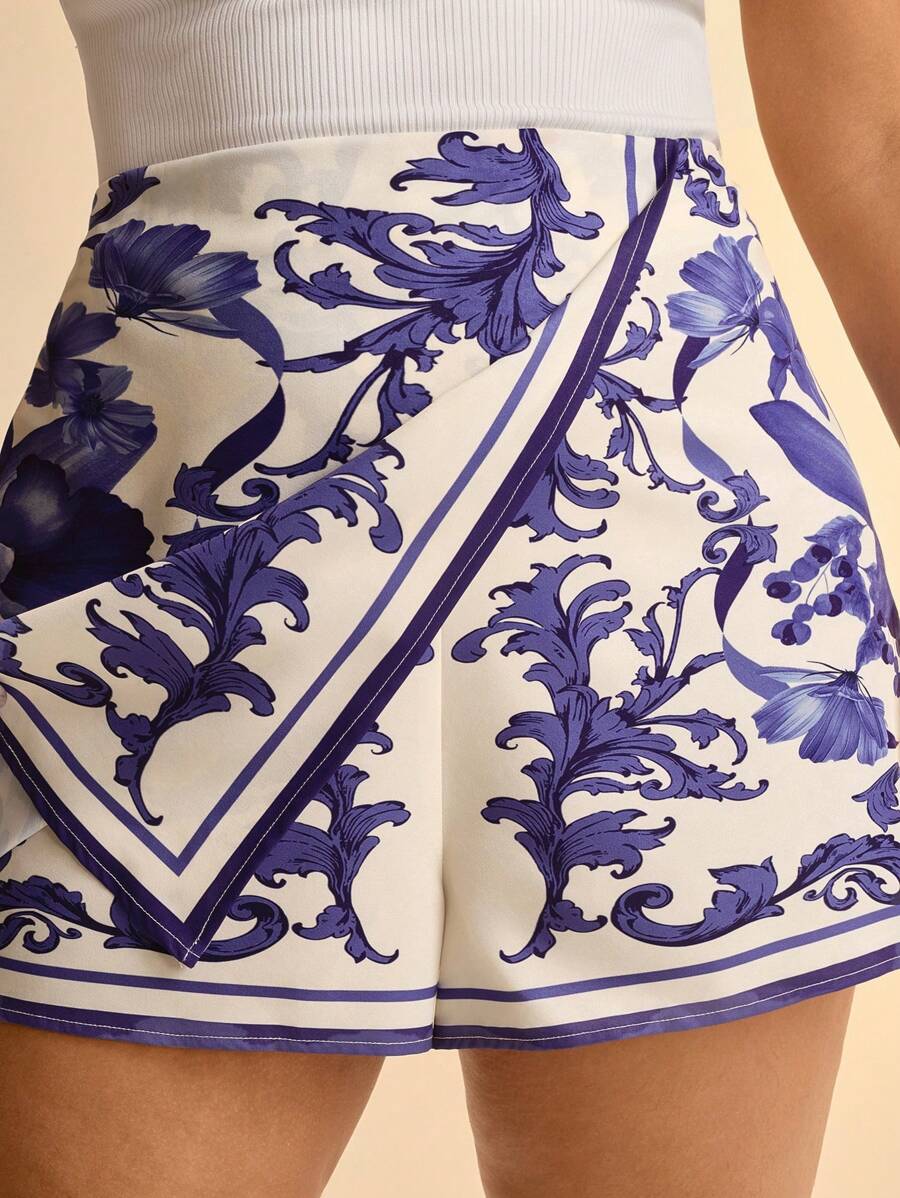 Short Tropical Azul y Blanco Plus Size