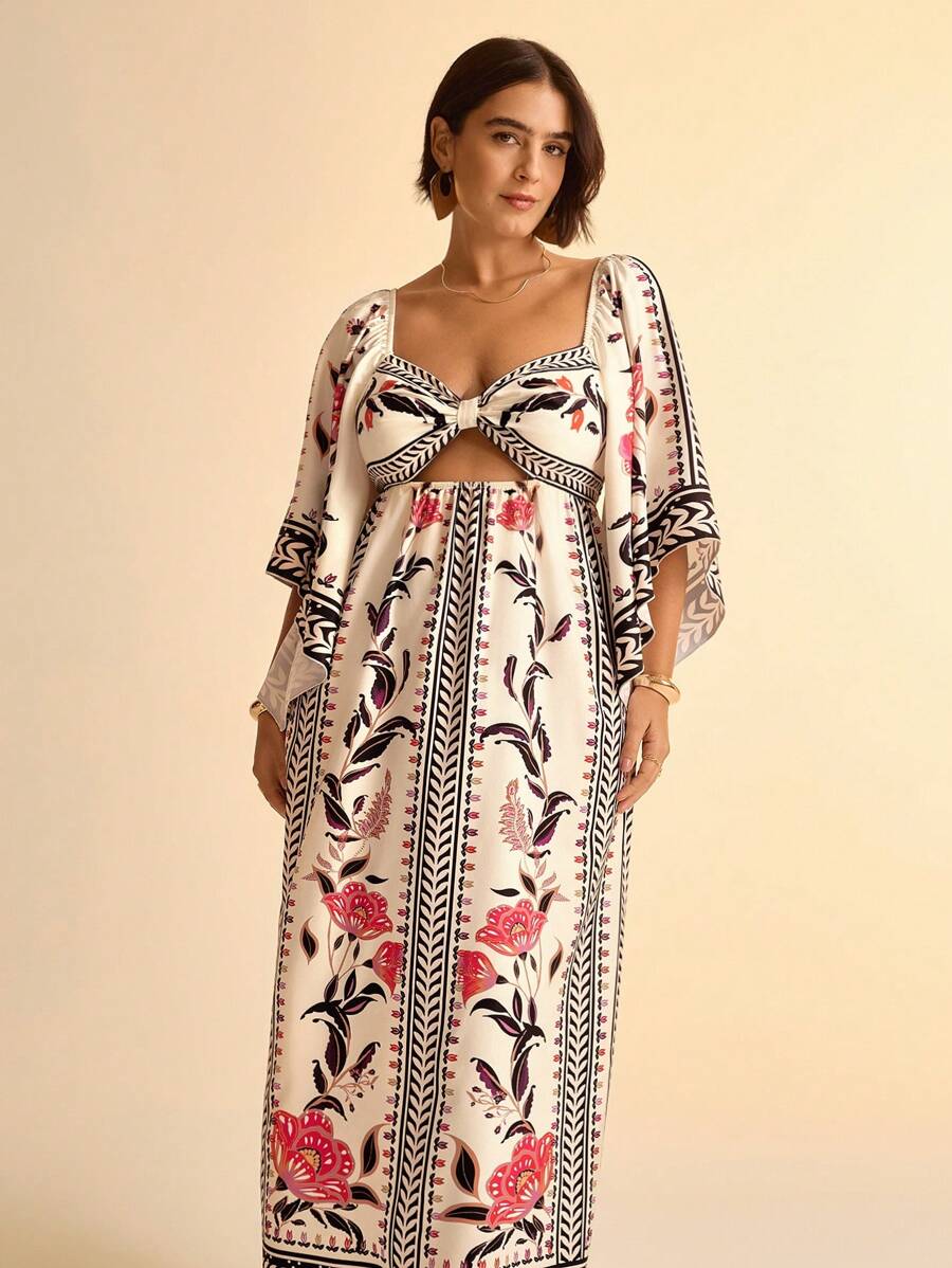 Vestido Largo Plus Size Floral Boho con Recortes
