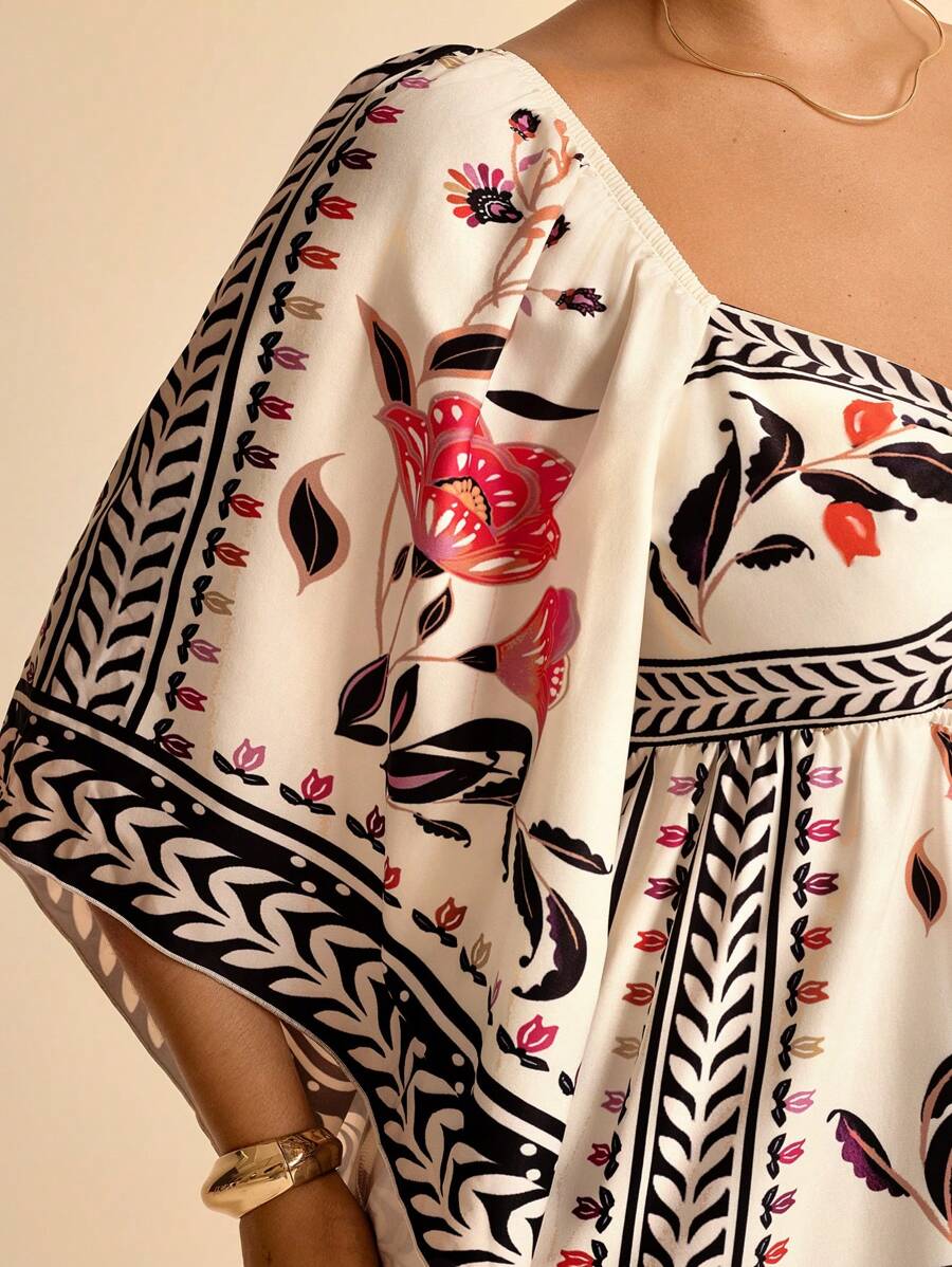 Vestido Largo Plus Size Floral Boho con Recortes