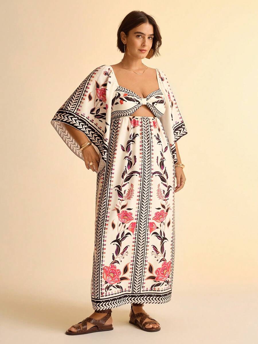 Vestido Largo Plus Size Floral Boho con Recortes
