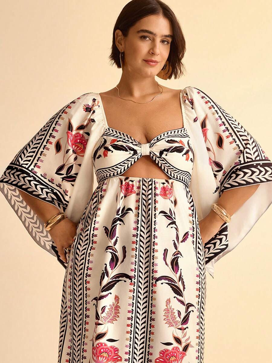 Vestido Largo Plus Size Floral Boho con Recortes