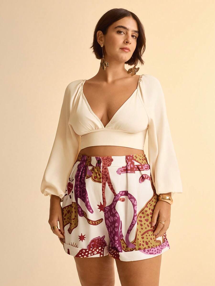 Shorts Boho Leopardo Beige Plus Size Verano