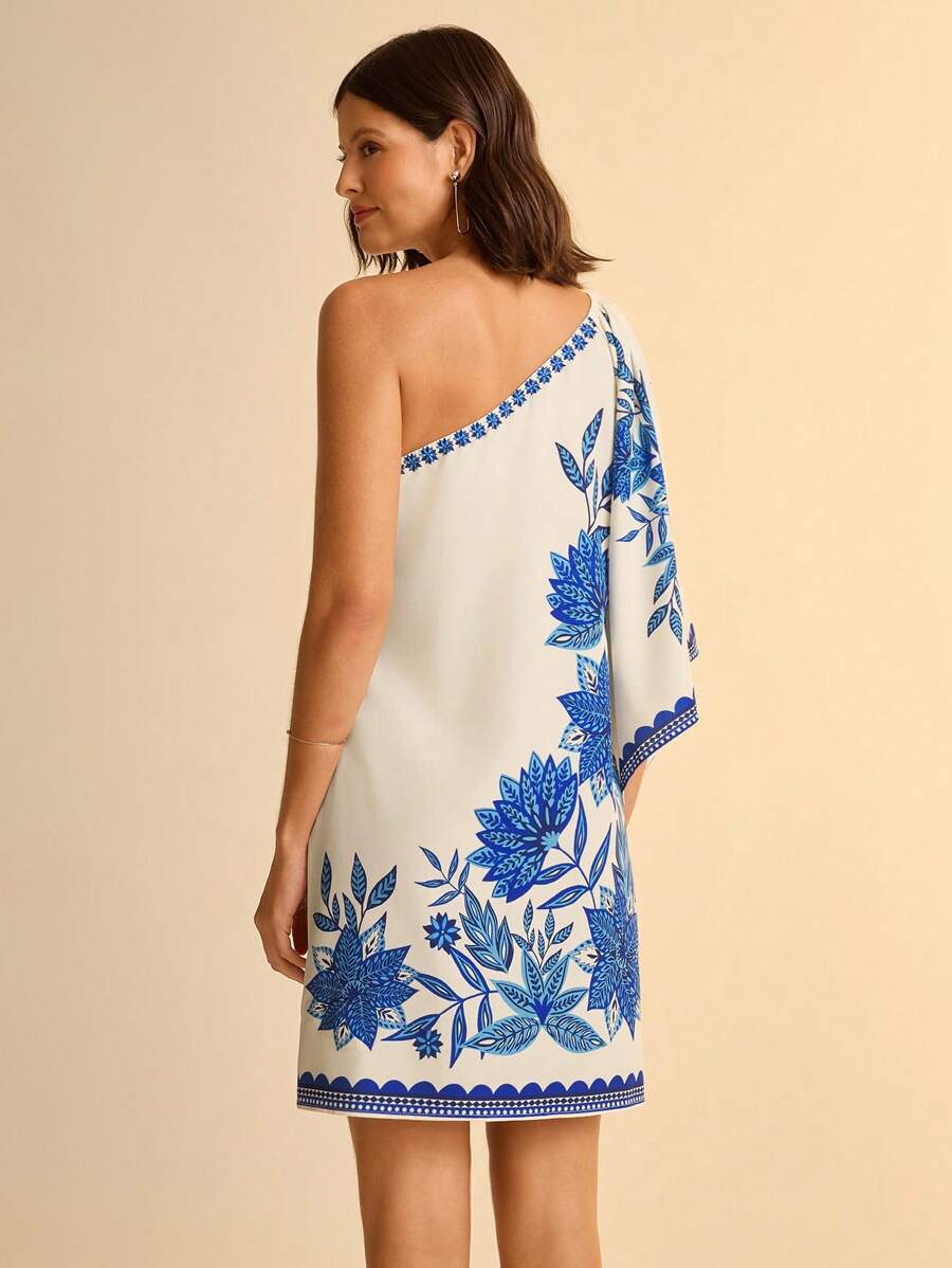 Vestido Asimétrico Azul con Estampa Boho