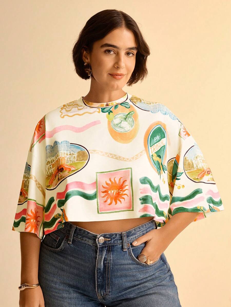 Remera Tropical Boho Manga Corta Plus Size