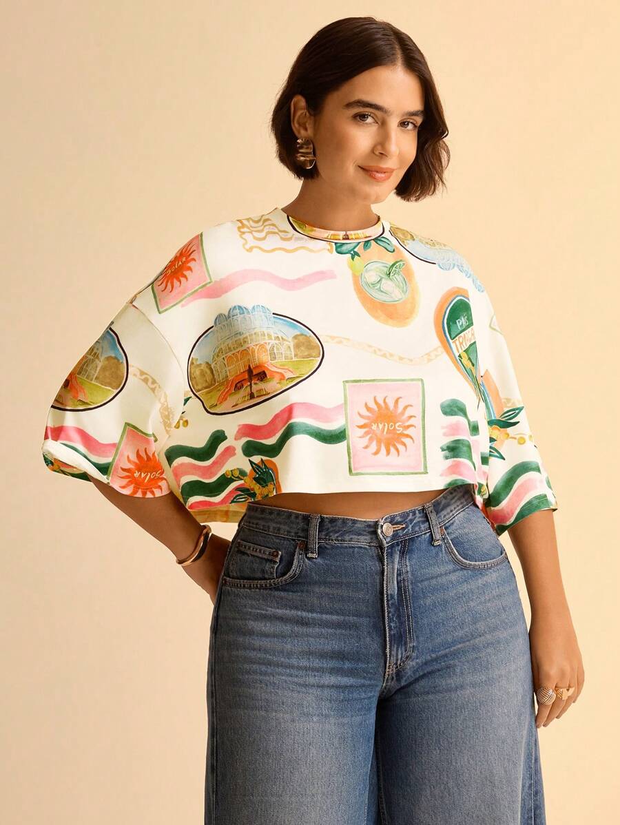Remera Tropical Boho Manga Corta Plus Size