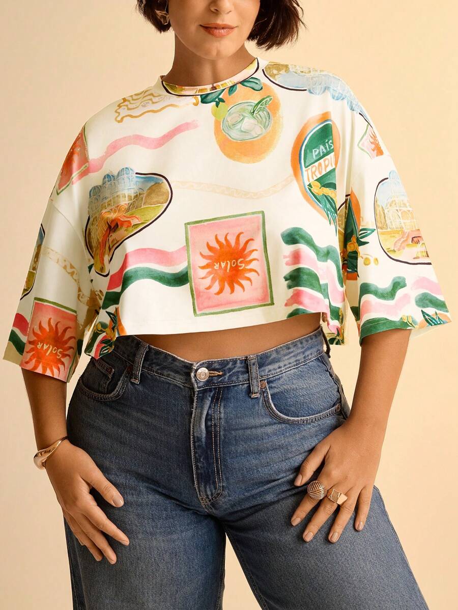 Remera Tropical Boho Manga Corta Plus Size